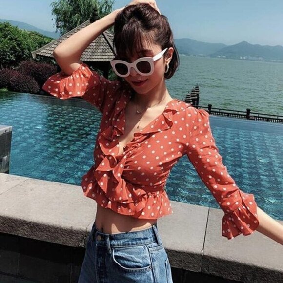 💕REALISATION PAR💕 Cher Top ~ 100% Silk Rust Spot Polka Dot Print Small - Picture 3 of 16